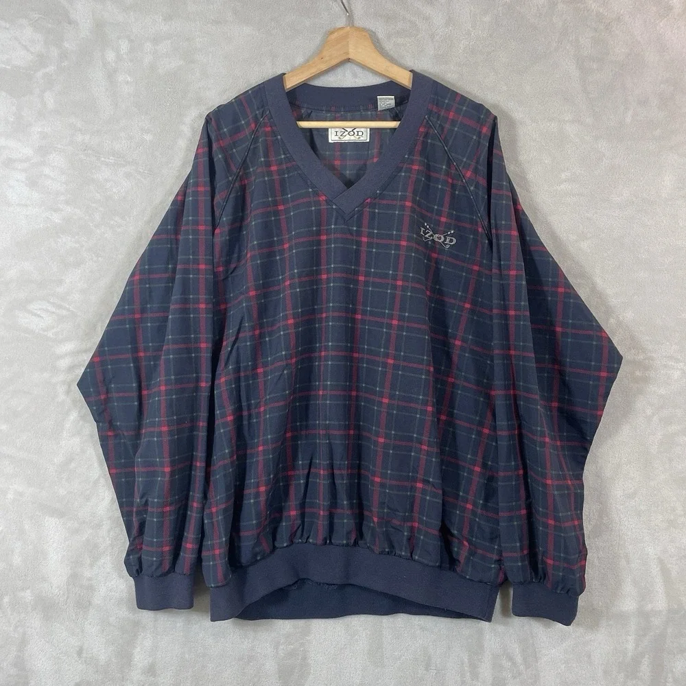 Vtg 80s Izod Windbreaker Pullover V-Neck Mens Large Plaid Preppy Grandpa Logo